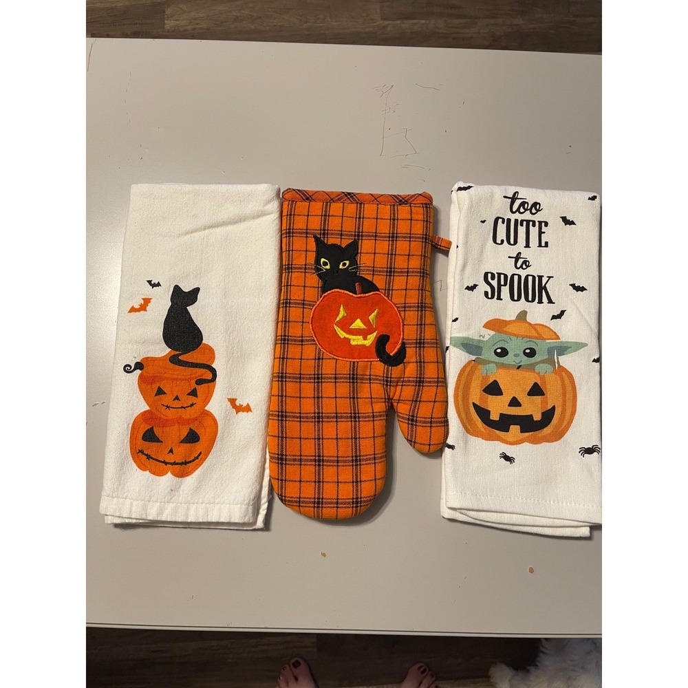 Halloween Kitchen Towel & Oven Mitt Set OS Orange Black Excellent Cat